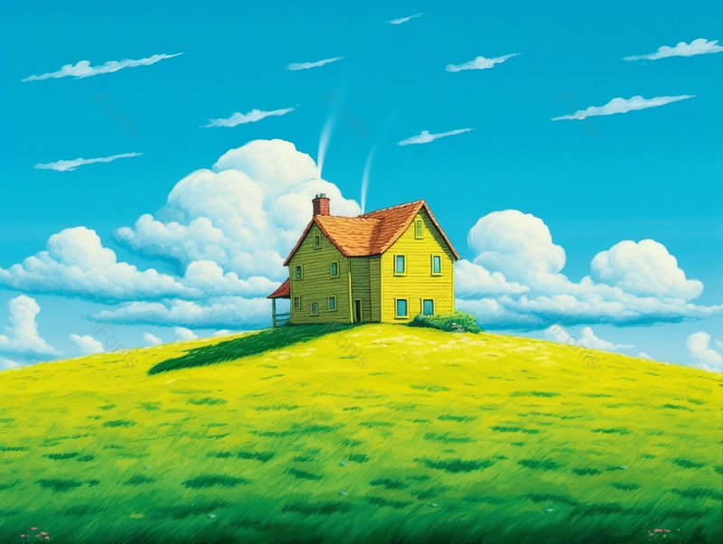 蓝天白云天气晴朗在黄绿色渐变的草地上的一栋房子手绘插画背景,插画/手绘图,插画/手绘图库,插画/手绘图下载,插画/手绘